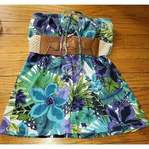 Vintage Y2k Bongo Tube Top Floral Big Belt Strapless Braided
